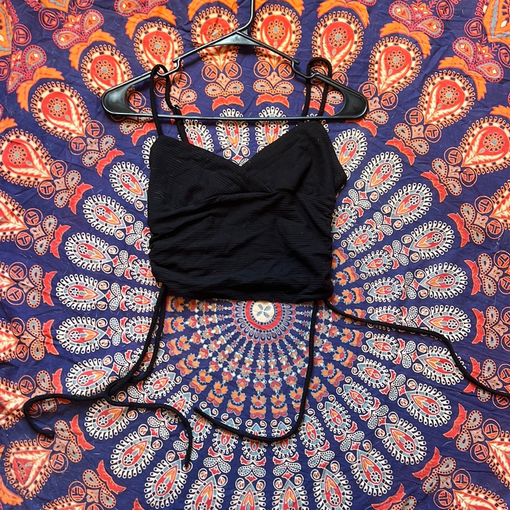 Black Synched Crop Top With Straps and One Sleeved Shirt Bundle